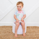 Baby bodysuit dress with koi fish print, short sleeves, and snap closure at the inseam