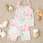 Two-piece baby pajama set with flutter sleeves and shorts in a koi fish print