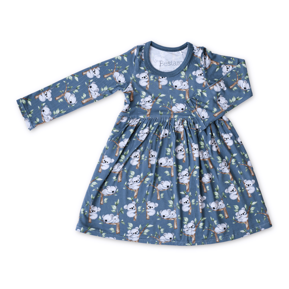 Long sleeve twirl dress with a whimsical toadstool print in a full, flared skirt.