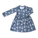 Long sleeve twirl dress with a whimsical toadstool print in a full, flared skirt.