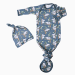 Baby convertible gown and matching hat in a koala print with fold-over mittens and a knotted bottom.
