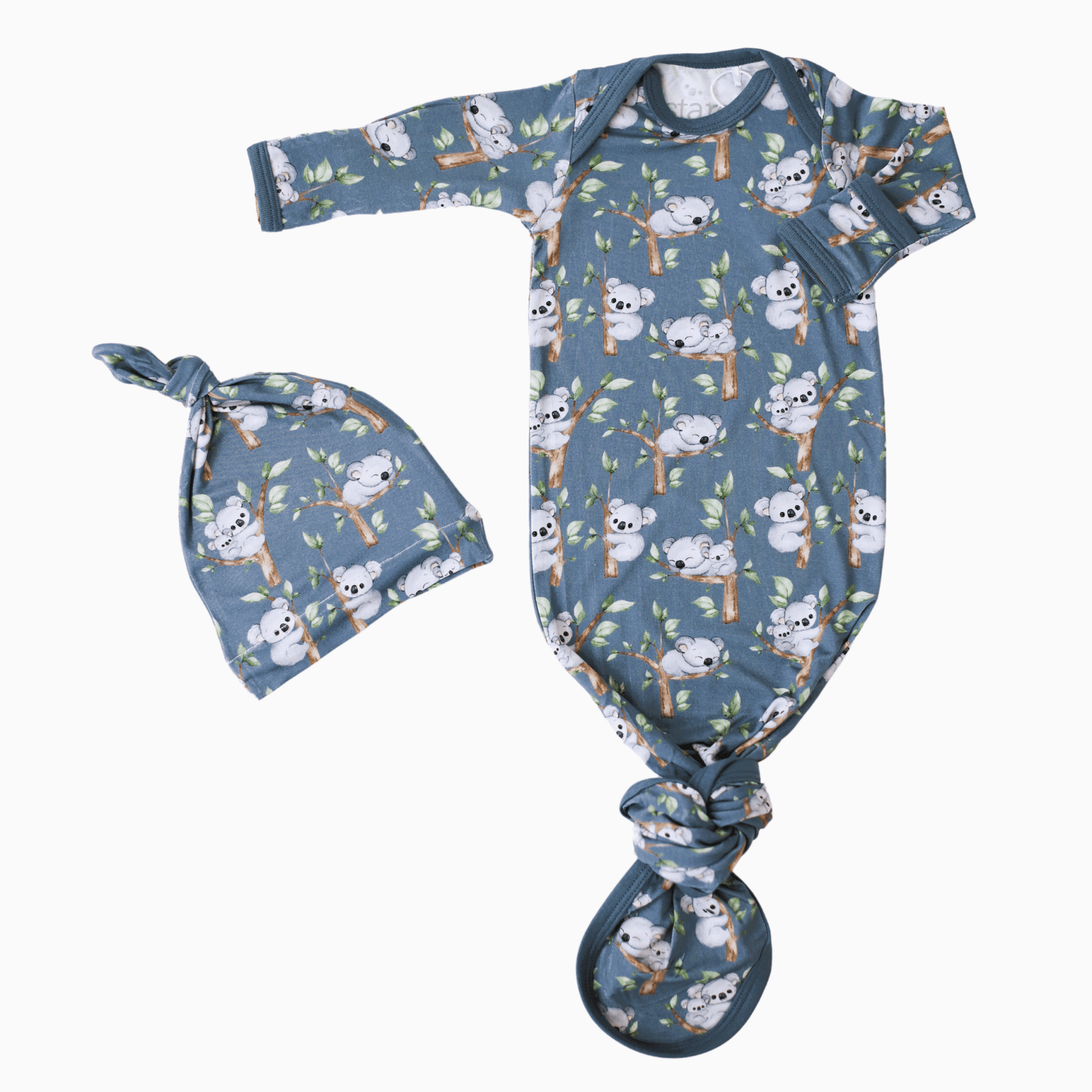Baby convertible gown and matching hat in a koala print with fold-over mittens and a knotted bottom.
