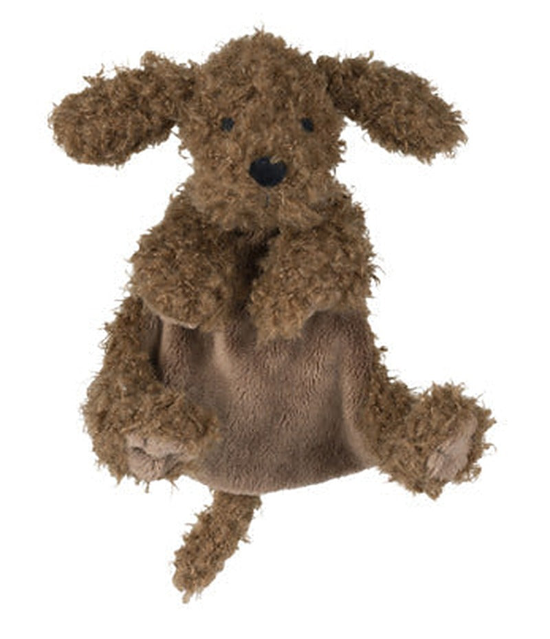 Soft furry labradoodle puppy plush tuttle cloth with a curly coat and floppy ears.