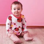 Ladybug-print long-sleeve bodysuit dress with red and pink polka dot styling