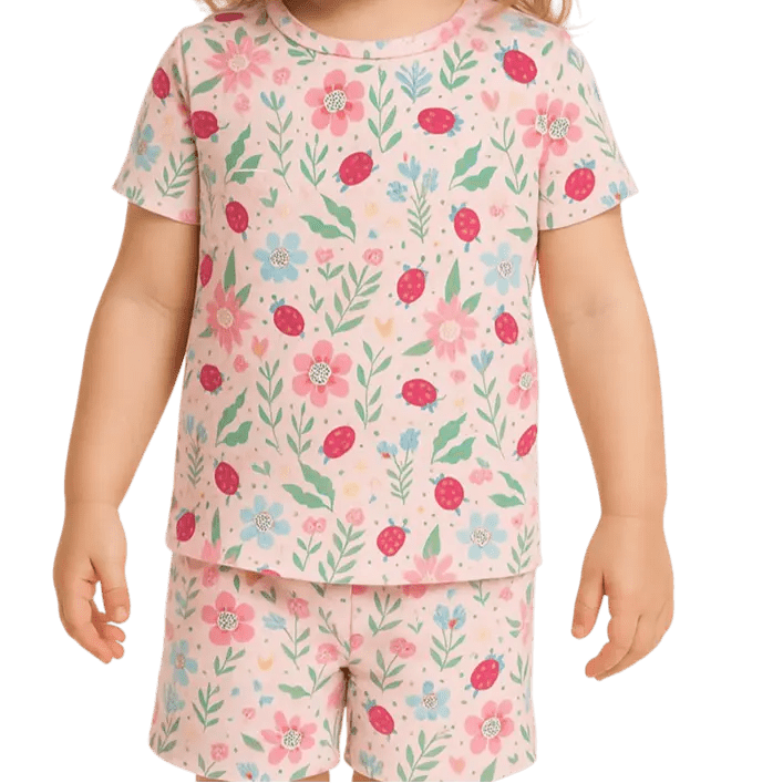 Sweet Bamboo Ladybug Flower Garden Pajama Set with Fun Design for Summer Girls - 