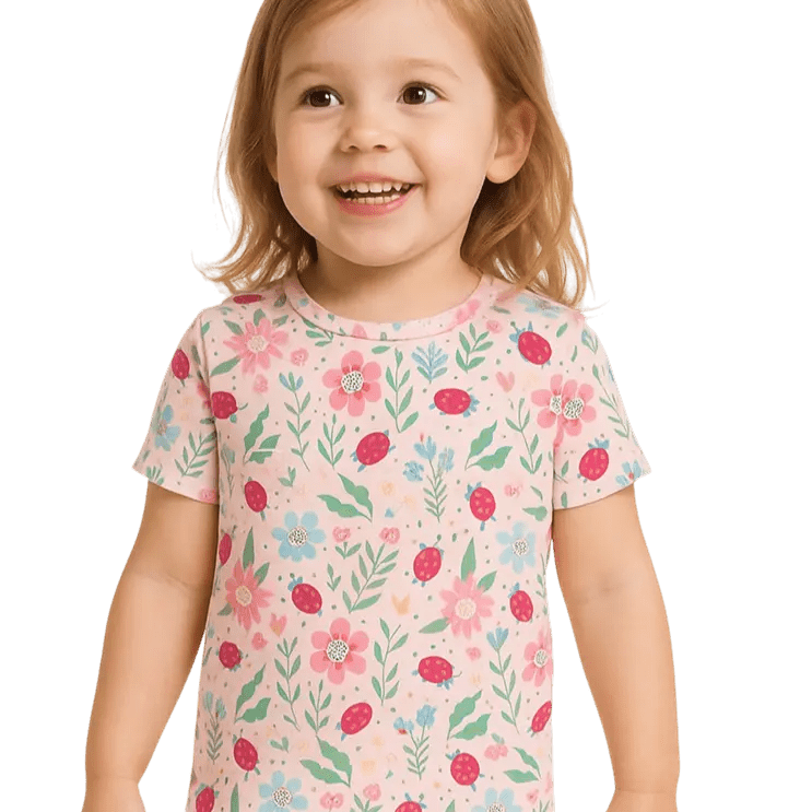 Sweet Bamboo Ladybug Flower Garden Pajama Set with Fun Design for Summer Girls - 