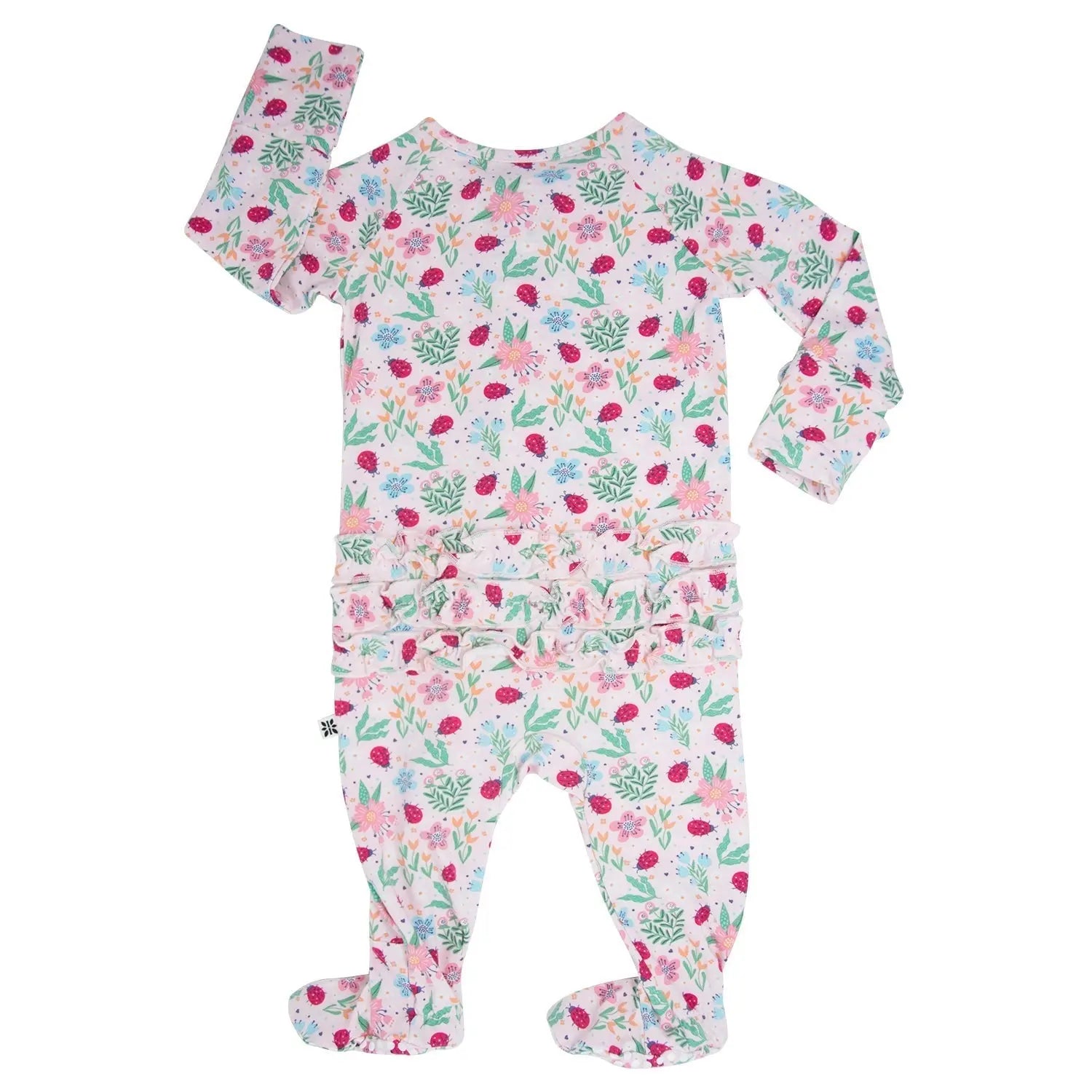 Ladybug Flower Garden Ruffle Baby Footie with Two Way Zipper and Non Slip Grips Sweet Bamboo