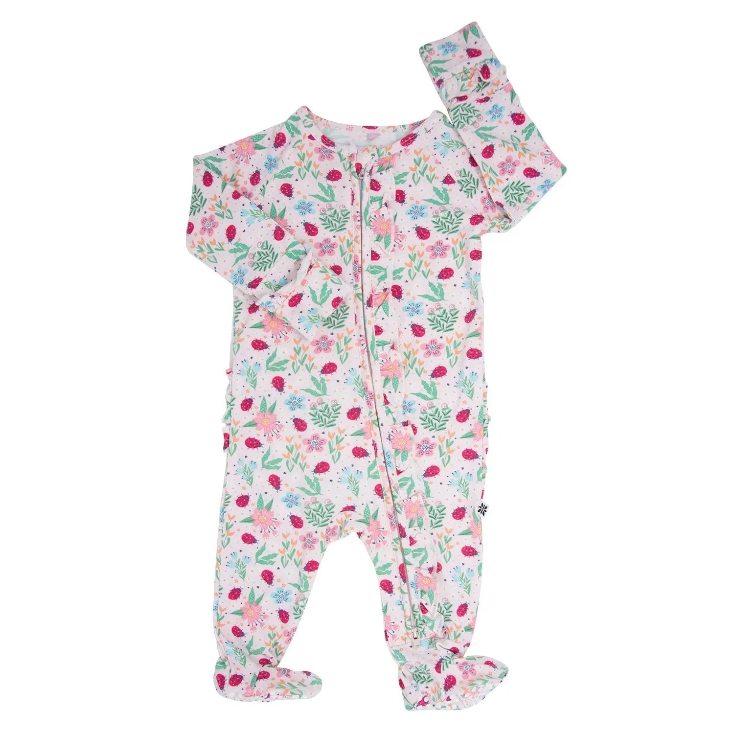 Ladybug Flower Garden Ruffle Baby Footie with Two Way Zipper and Non Slip Grips Sweet Bamboo