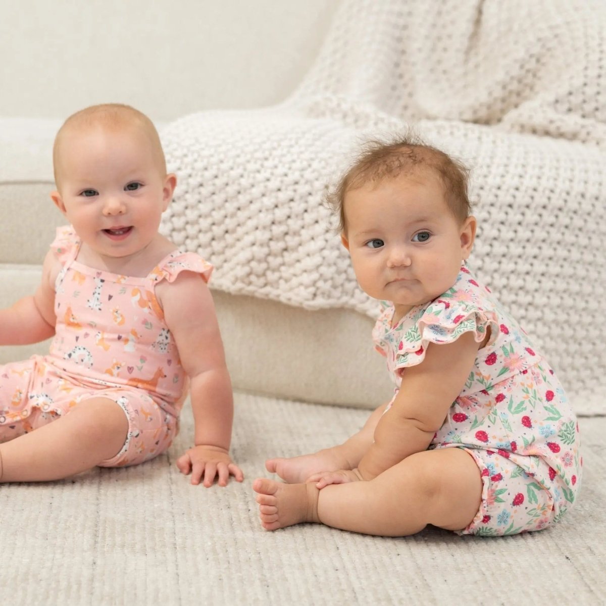 Sweet Bamboo Ladybug Flower Garden Ruffle Romper with Flutter Sleeves for Girls - 