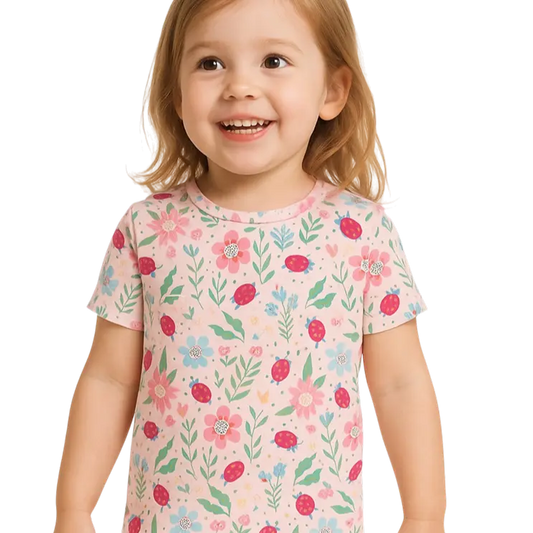 Ladybug Flower Garden Summer Pajama Set for Girls Sweet Bamboo