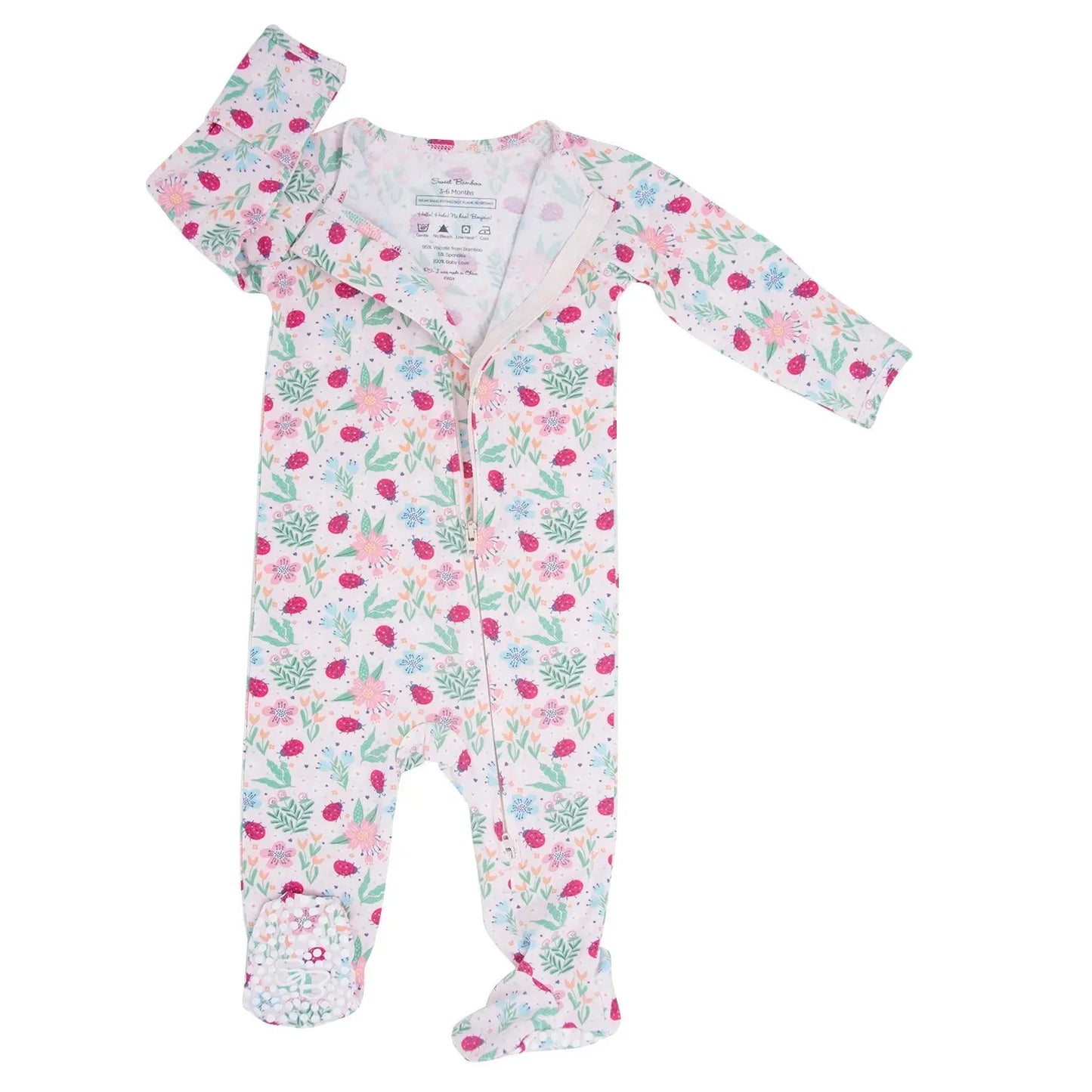 Ladybug Flower Garden Zipper Footie for Babies with 2 Way Zipper and Fold Over Cuffs Sweet Bamboo