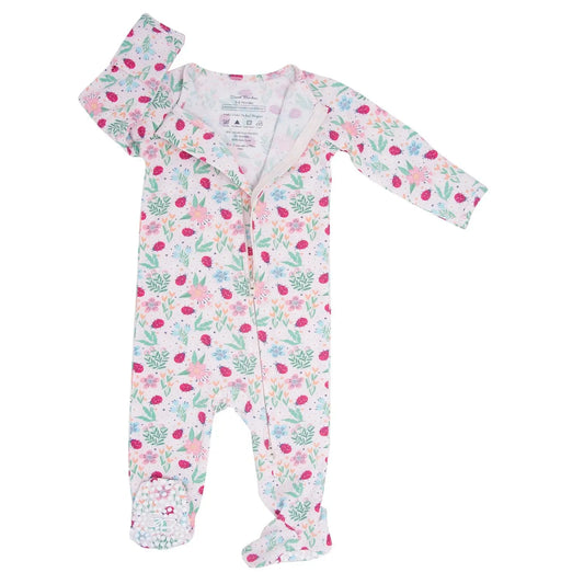 Ladybug Flower Garden Zipper Footie for Babies with 2 Way Zipper and Fold Over Cuffs Sweet Bamboo
