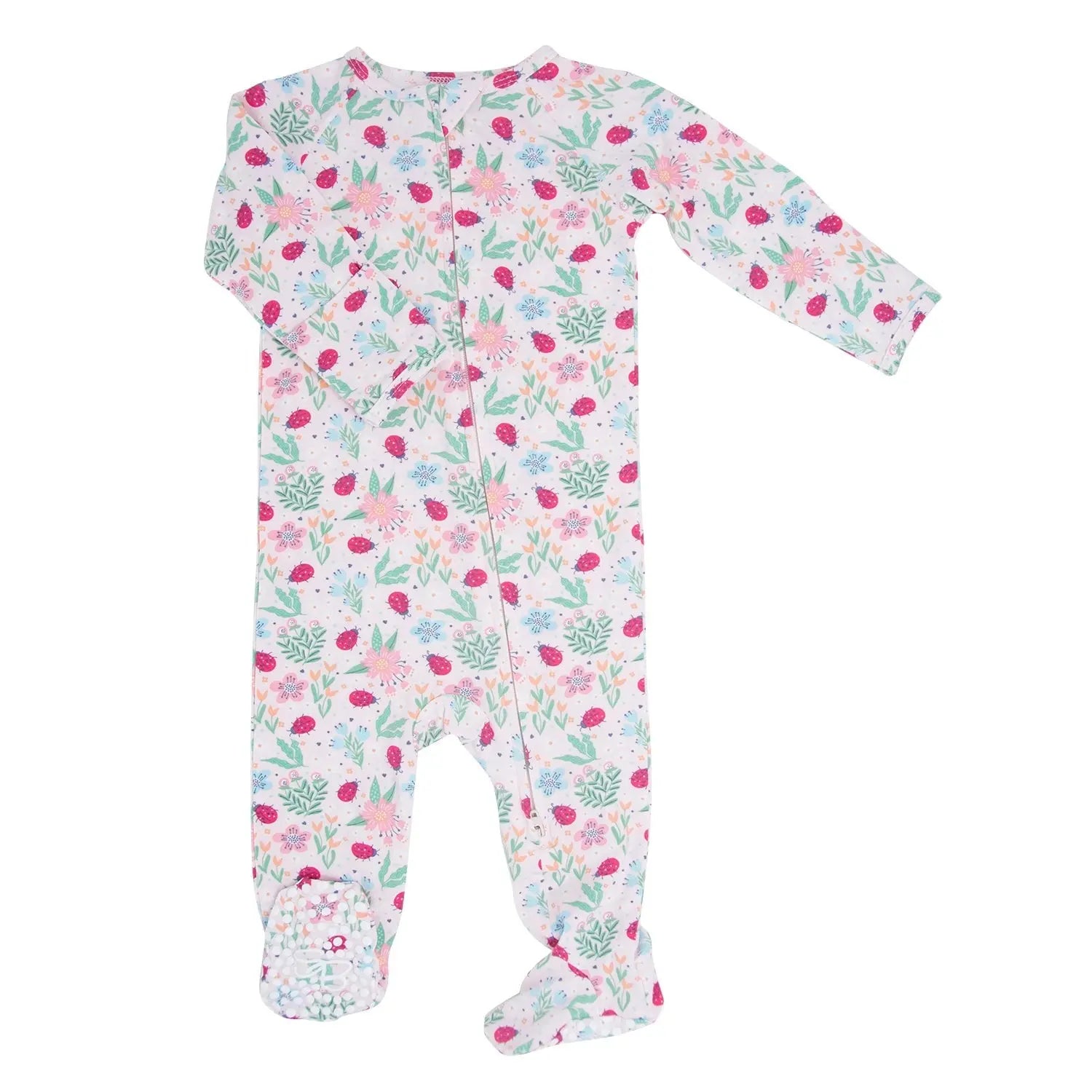 Ladybug Flower Garden Zipper Footie for Babies with 2 Way Zipper and Fold Over Cuffs Sweet Bamboo