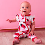 Ladybug-print short sleeve romper with dual front zippers