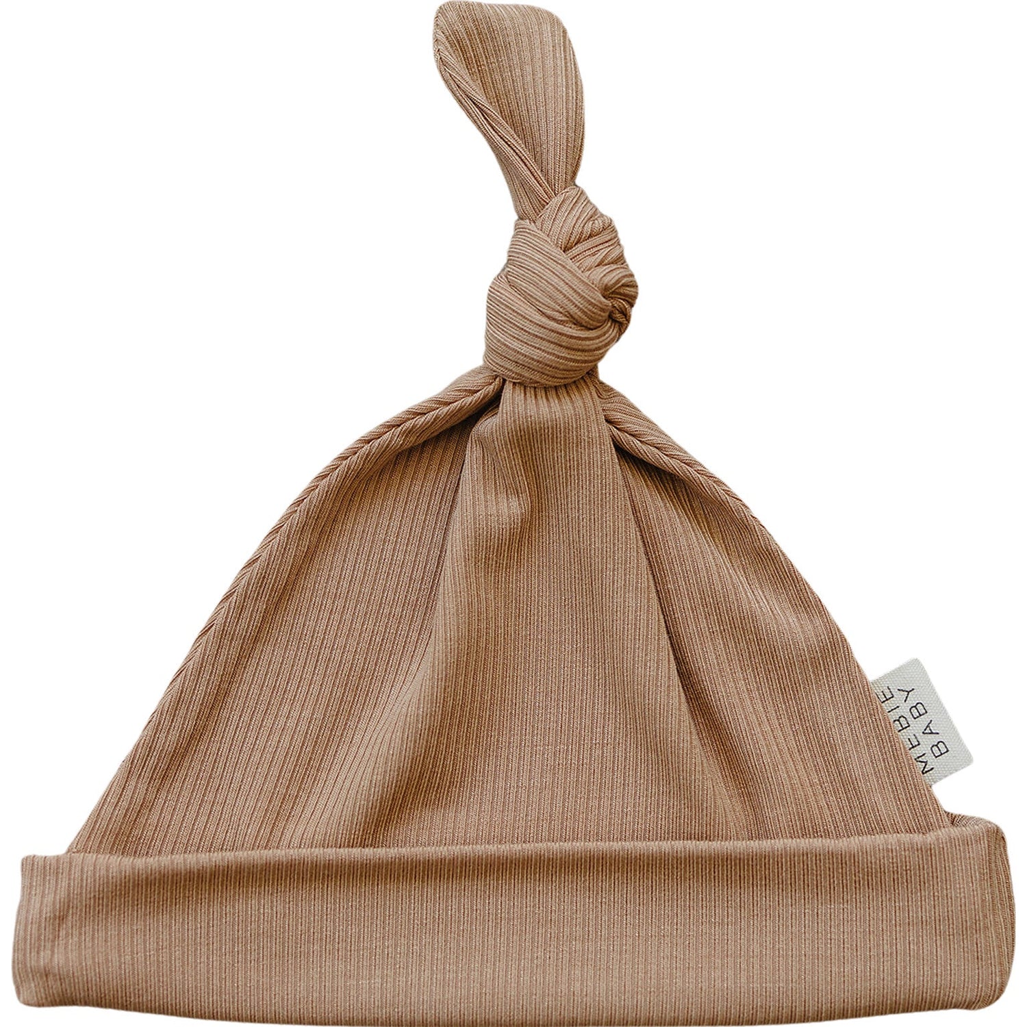 Latte ribbed bamboo newborn knot hat with a top knot in a warm tan shade