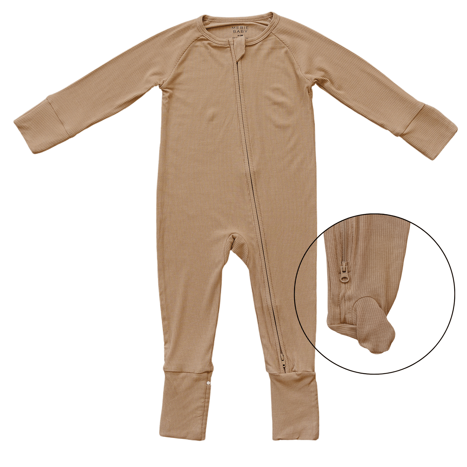 Latte brown ribbed bamboo zipper footie sleeper for babies laid flat