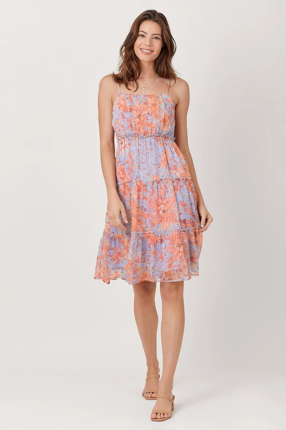 Lavender Adjustable Straps Tiered Dress - Textile, Day Dress, One-piece garment, Waist, Pink | Everetts Place
