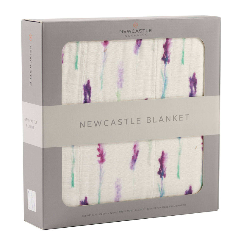 Lavender and white Newcastle blanket in packaging, made from soft bamboo muslin.