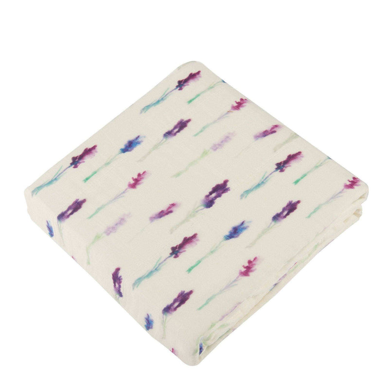 Lavender and white bamboo muslin blanket with floral pattern.