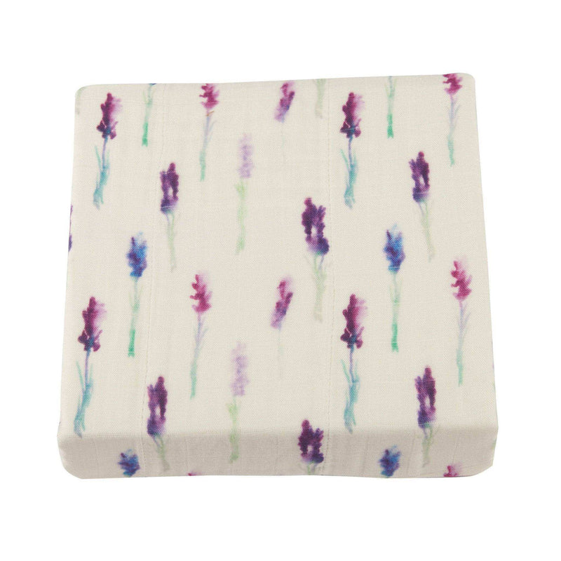 Lavender and white bamboo muslin blanket with floral design.