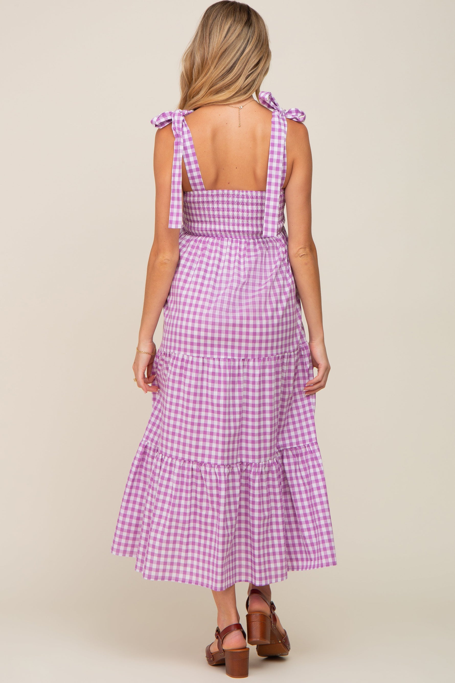 PinkBlush Lavender Checkered Sleeveless Tiered Maternity Maxi DressEveretts Place