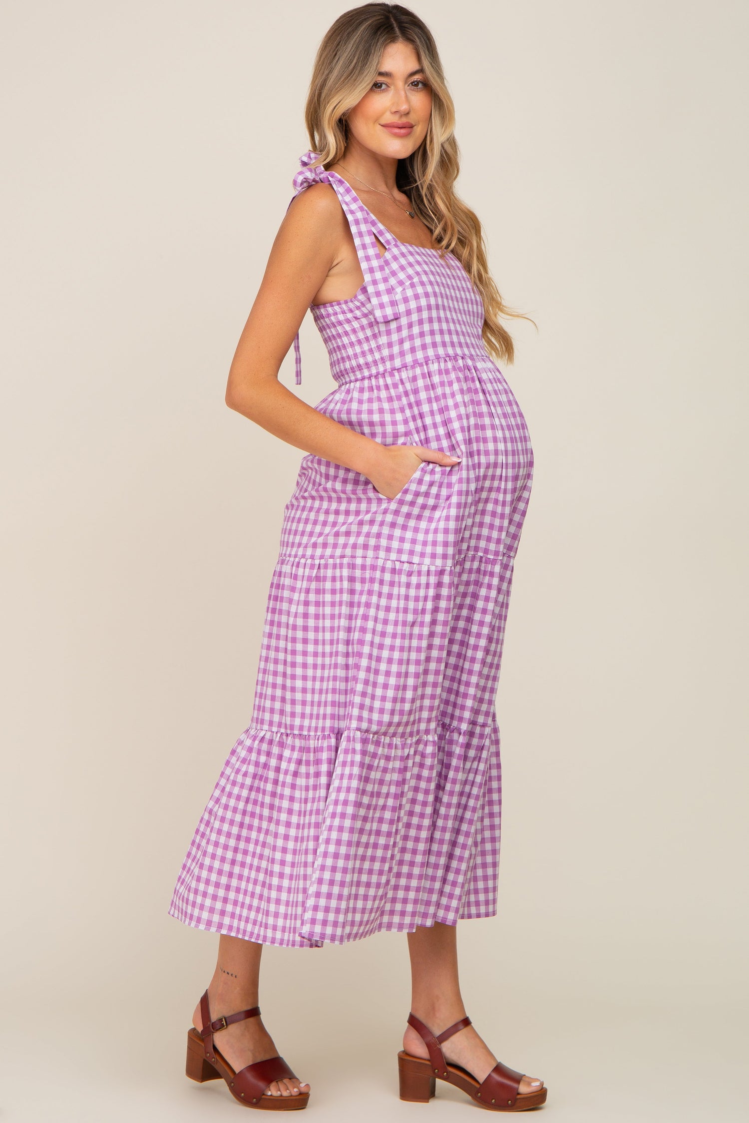 PinkBlush Lavender Checkered Sleeveless Tiered Maternity Maxi DressEveretts Place