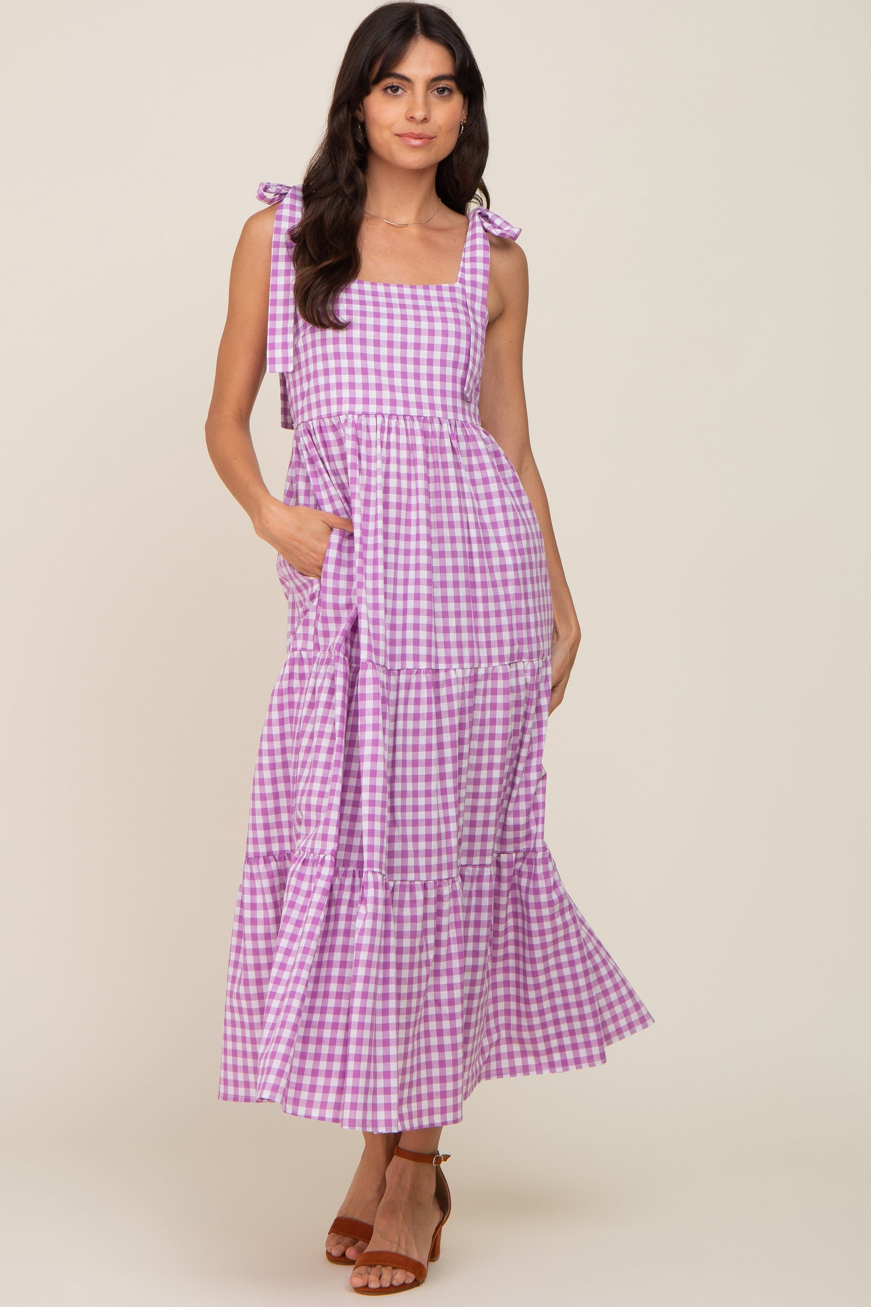 PinkBlush Lavender Checkered Sleeveless Tiered Maternity Maxi DressEveretts Place