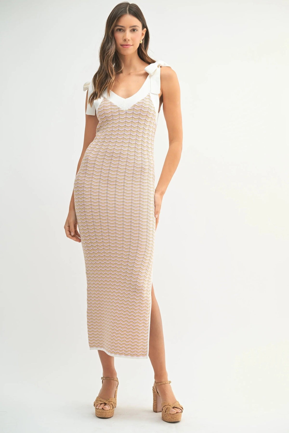 PinkBlush Lavender Chevron Knit Shoulder Tie Midi Dress - 
