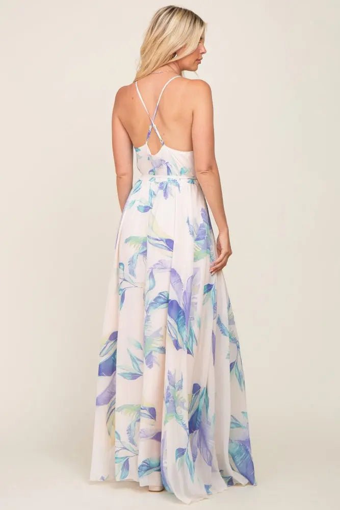 PinkBlush Lavender Feather Printed Chiffon Wrap Front Maxi Dress - 
