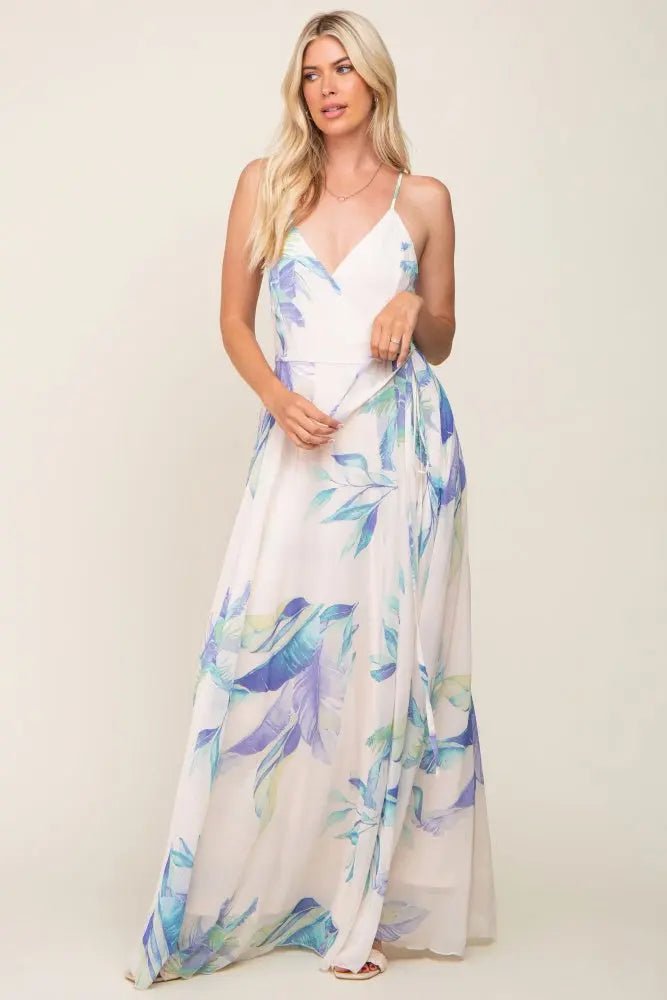 PinkBlush Lavender Feather Printed Chiffon Wrap Front Maxi Dress - 