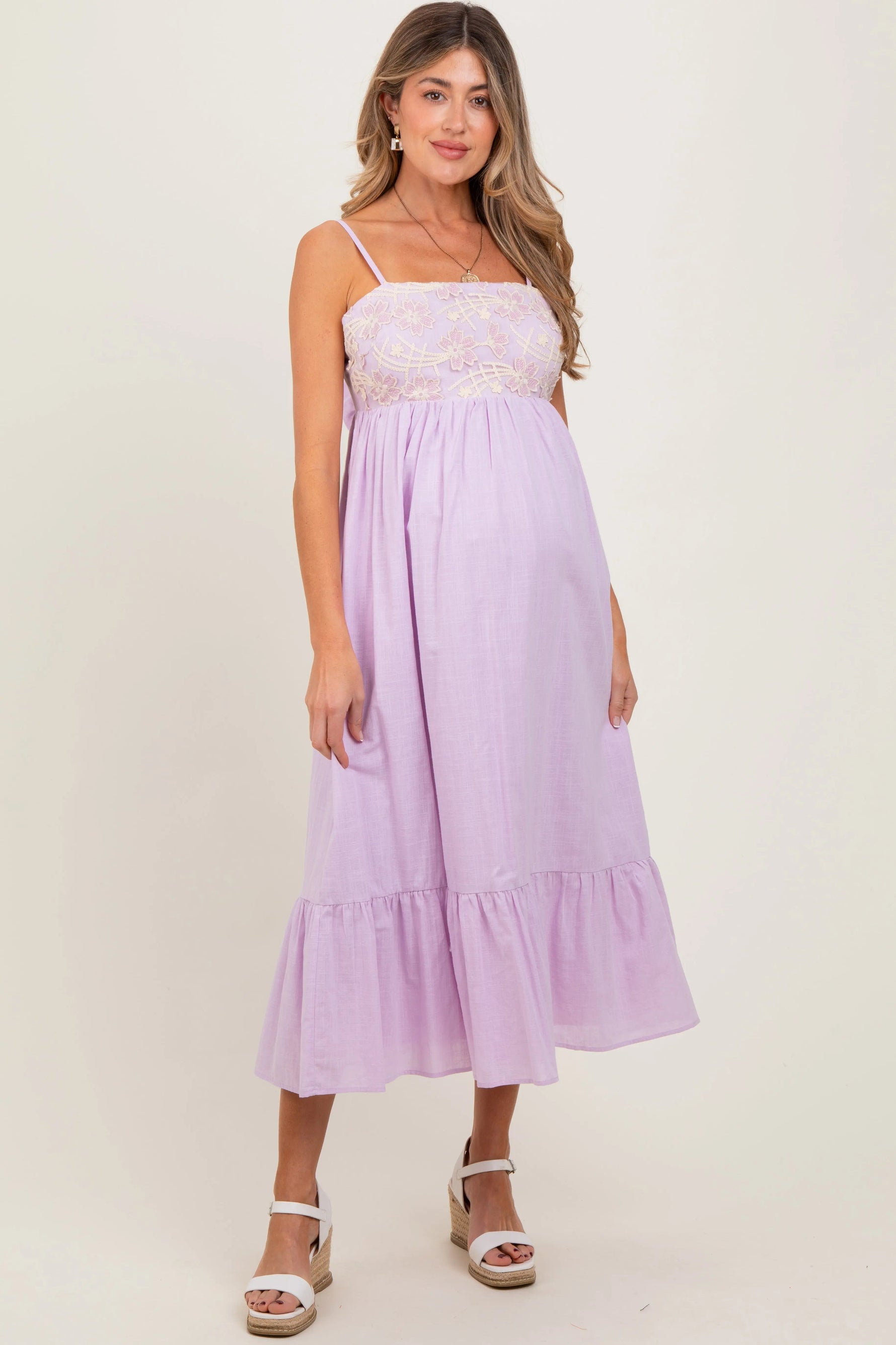 PinkBlush Lavender Floral Embroidery Back Ribbon Maternity Midi Dress - 