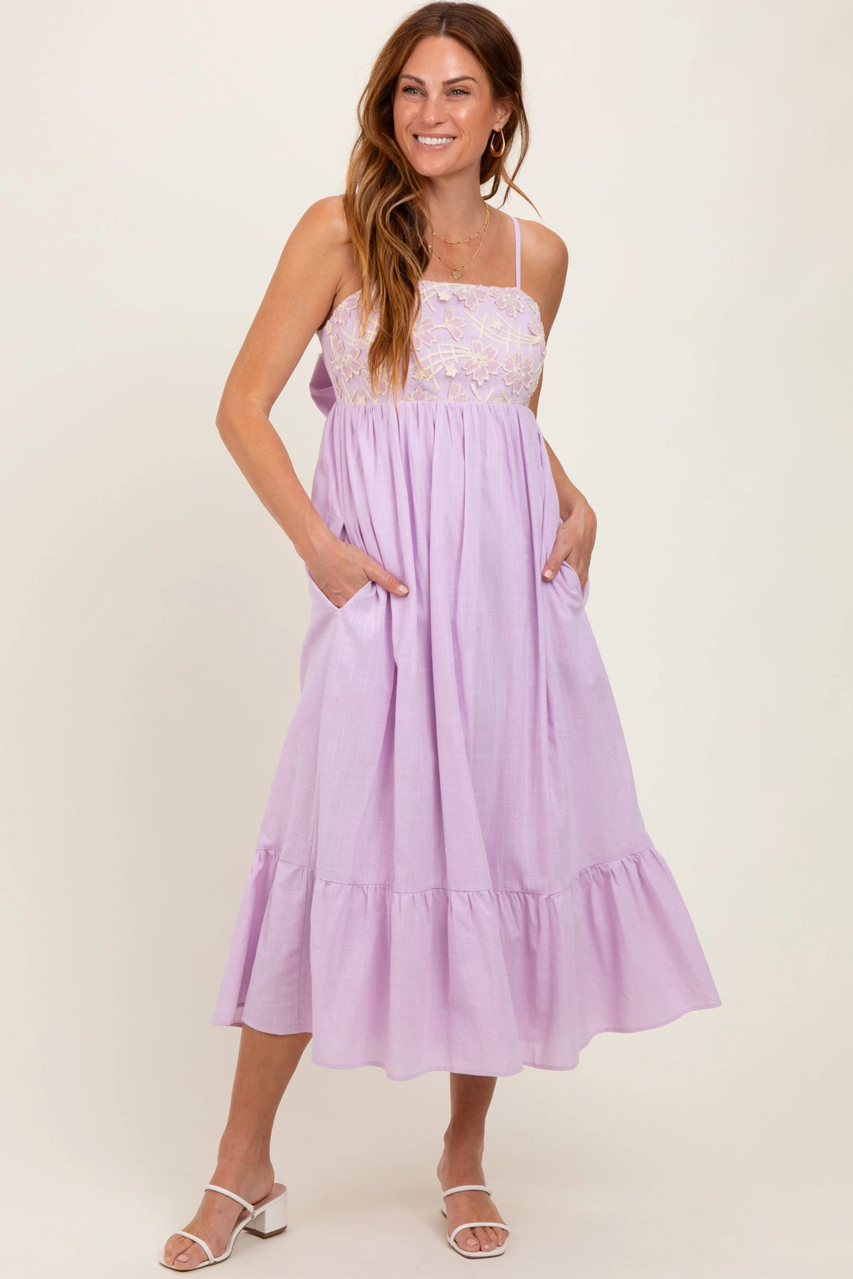 PinkBlush Lavender Floral Embroidery Back Ribbon Maternity Midi Dress - 