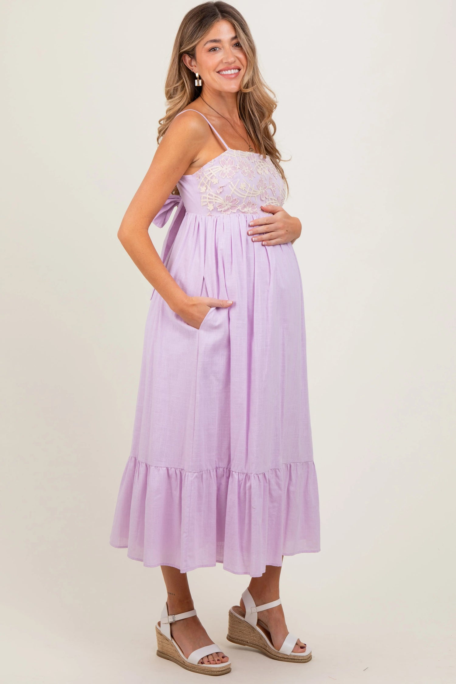 PinkBlush Lavender Floral Embroidery Back Ribbon Maternity Midi Dress - 