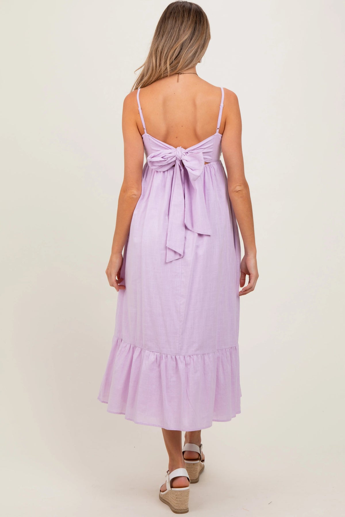 PinkBlush Lavender Floral Embroidery Back Ribbon Maternity Midi Dress - 
