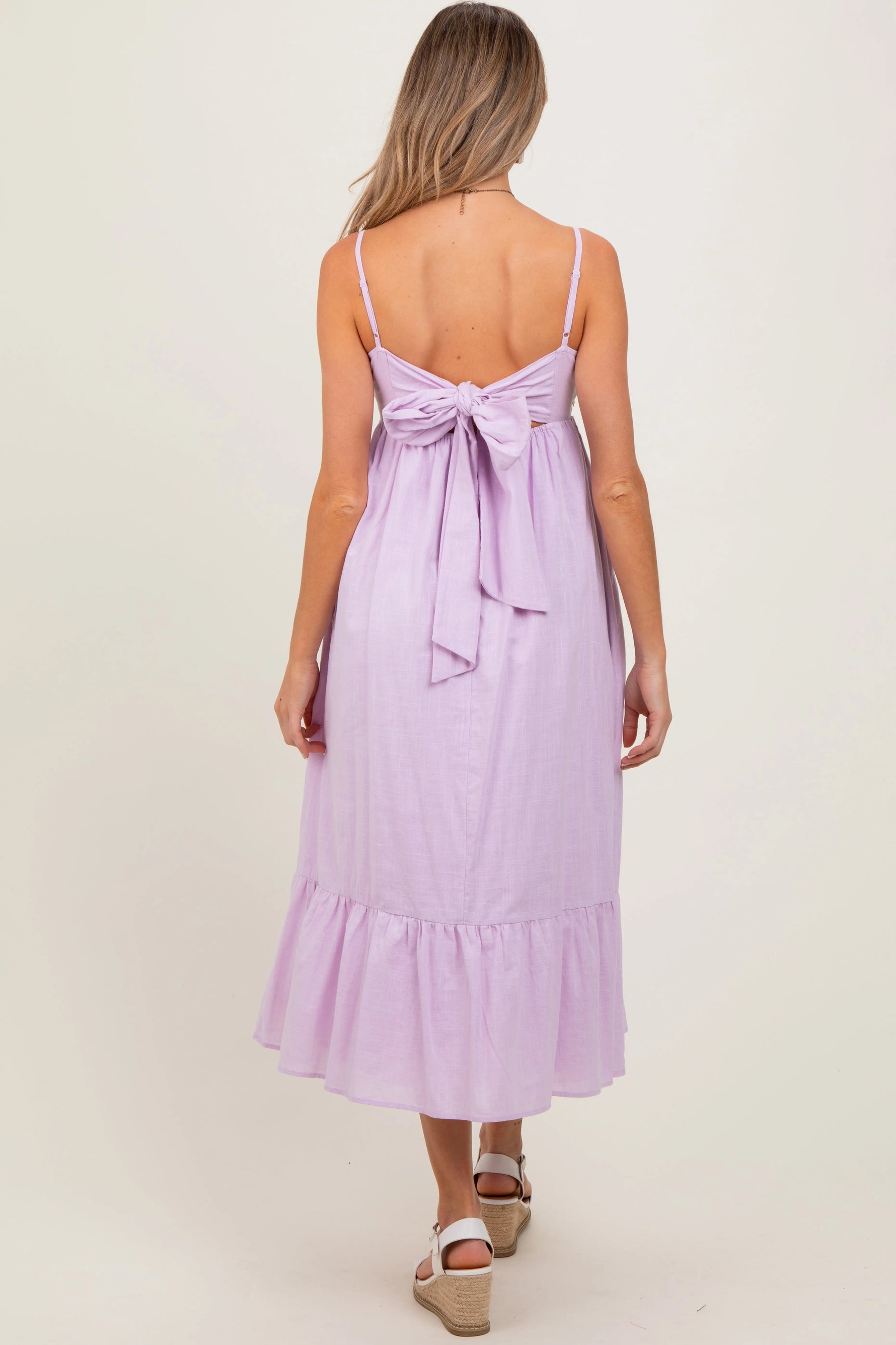 PinkBlush Lavender Floral Embroidery Back Ribbon Maternity Midi Dress - 