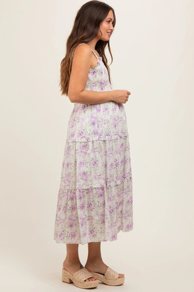 PinkBlush Lavender Floral Maternity Dress with Ruffle Details for Expecting Mothers - 