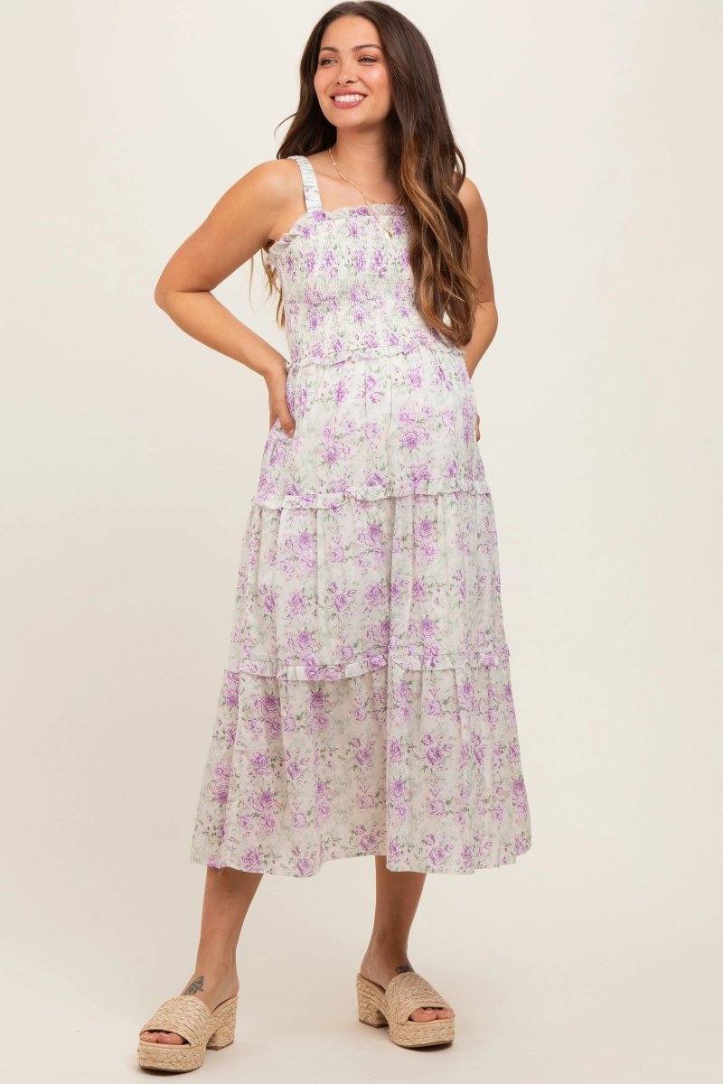 PinkBlush Lavender Floral Maternity Dress with Ruffle Details for Expecting Mothers - 