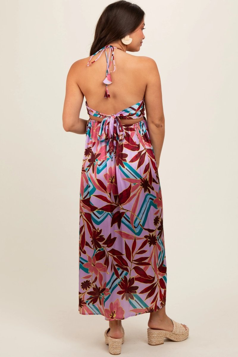 PinkBlush Lavender Floral Satin Maternity Midi Dress for Expecting Mothers - 