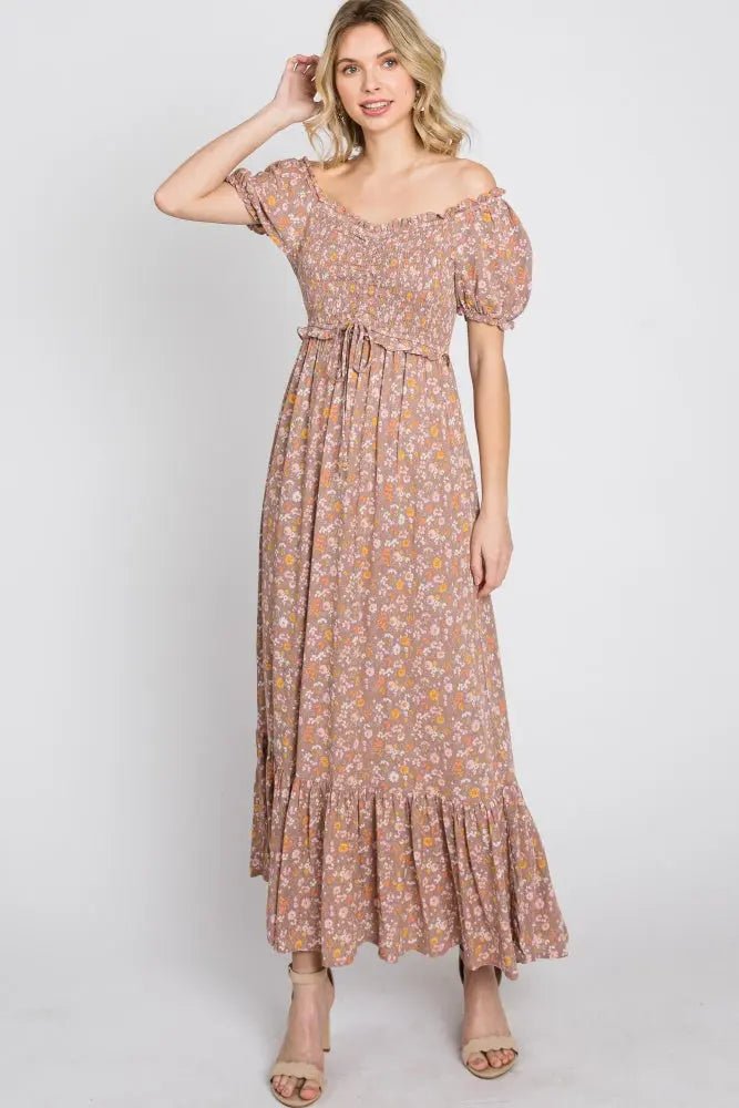PinkBlush Lavender Floral Sweetheart Neck Off Shoulder Maxi Dress - 
