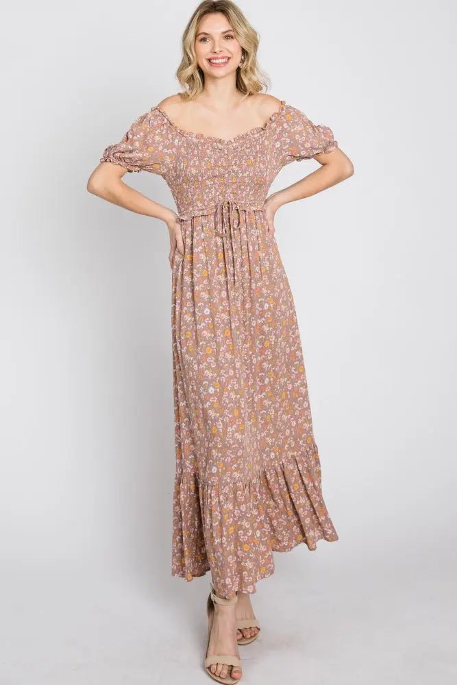 PinkBlush Lavender Floral Sweetheart Neck Off Shoulder Maxi Dress - 