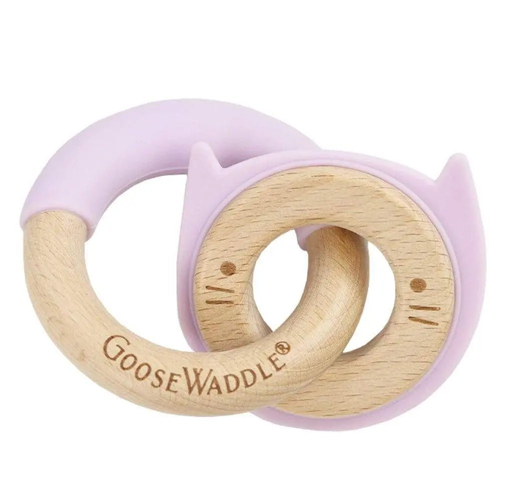 Goosewaddle® | Newborn Baby Blankets Toys Teethers Bibs & More Lavender Kitten Teether with Silicone and Wood
