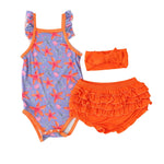 Baby girl three-piece set in lavender with ruffle-back bloomer, bodysuit and matching headband