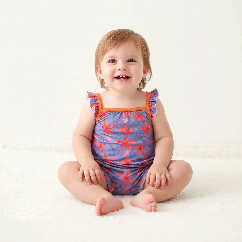 Lavender bubble romper with flutter sleeves and snap closures along the legs