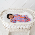 Baby footie pajamas in lavender with Leilani print and full-length two-way zipper