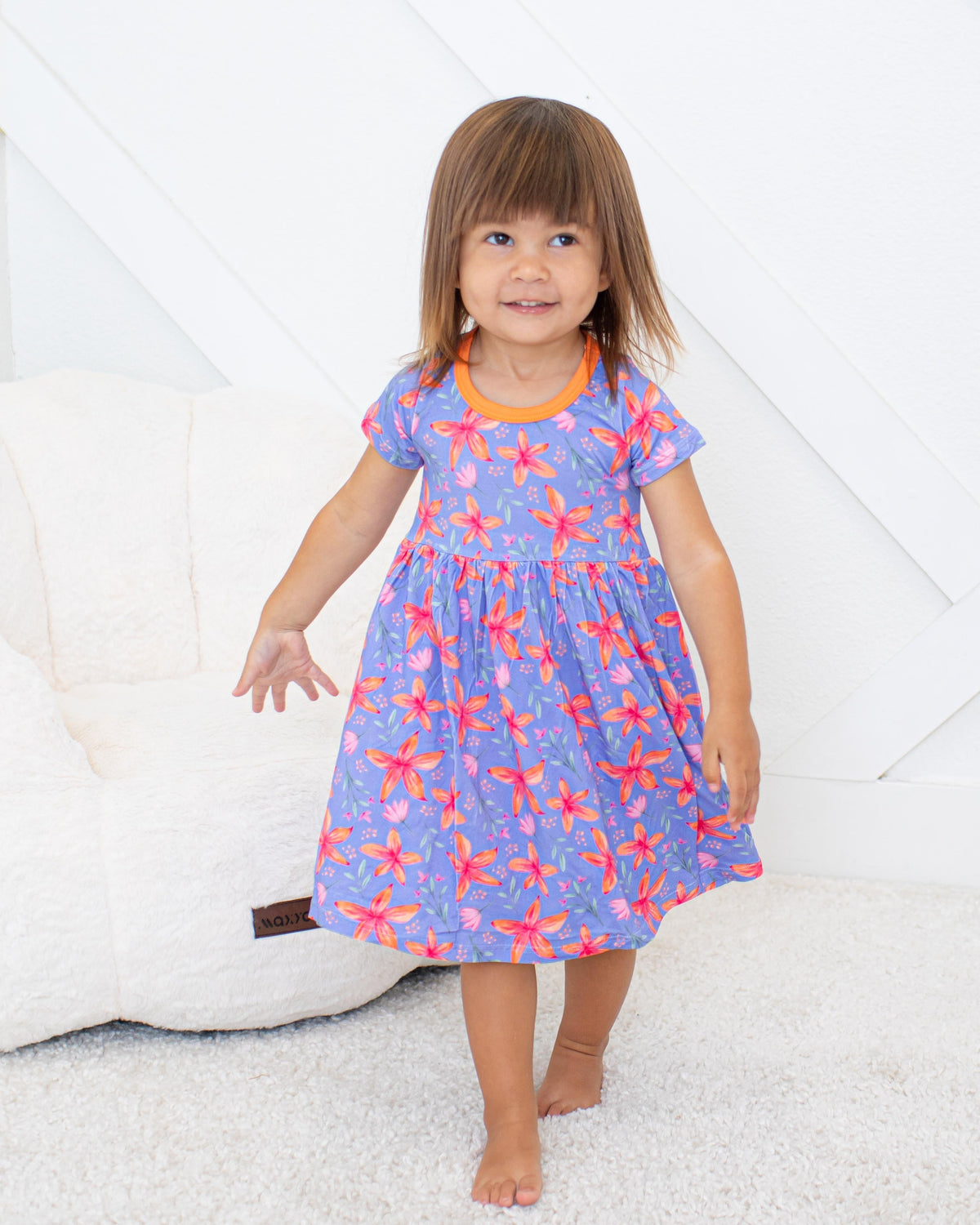 Lavender short sleeve bamboo dress for girls with a gathered skirt
