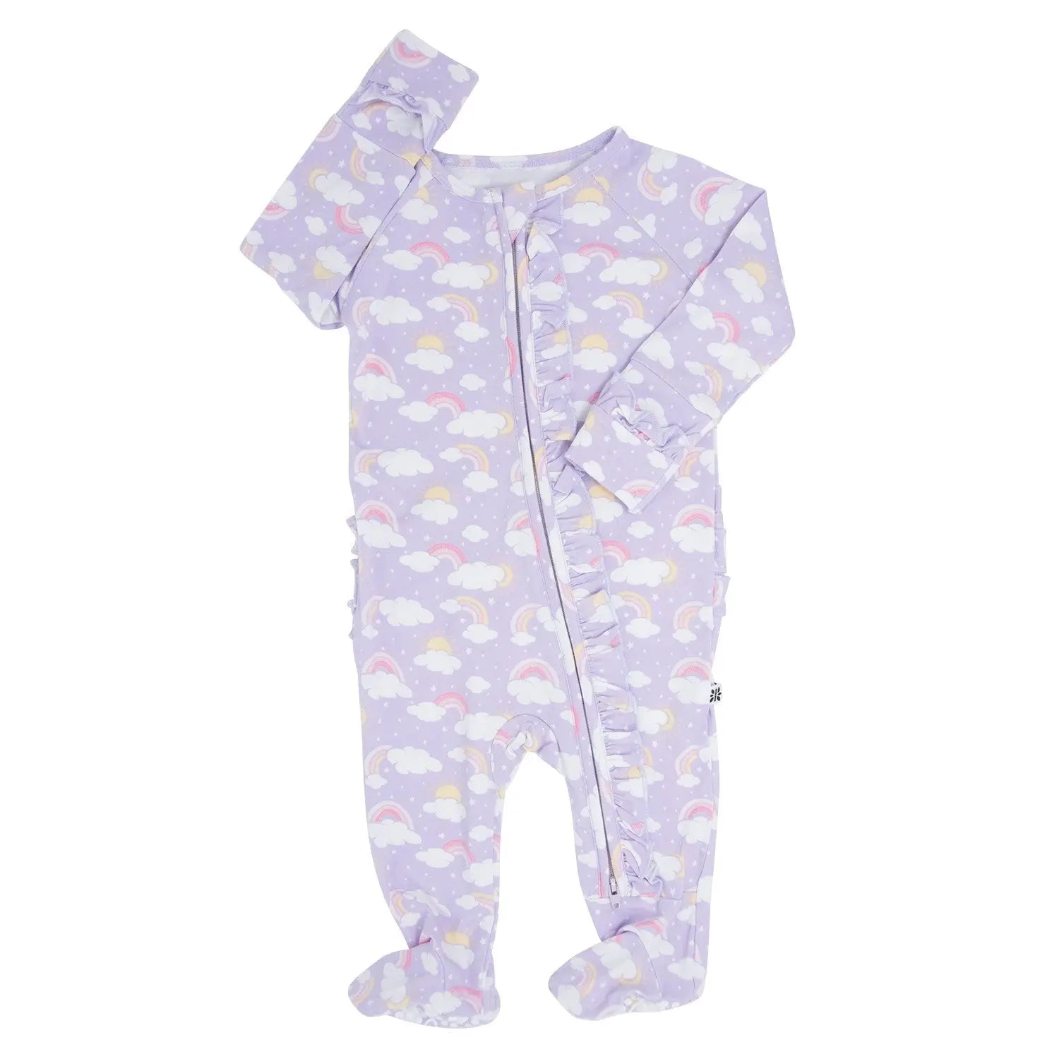 Lavender Rainbows and Clouds Ruffle Baby Footie with Two Way Zipper and No Slip Grips Sweet Bamboo