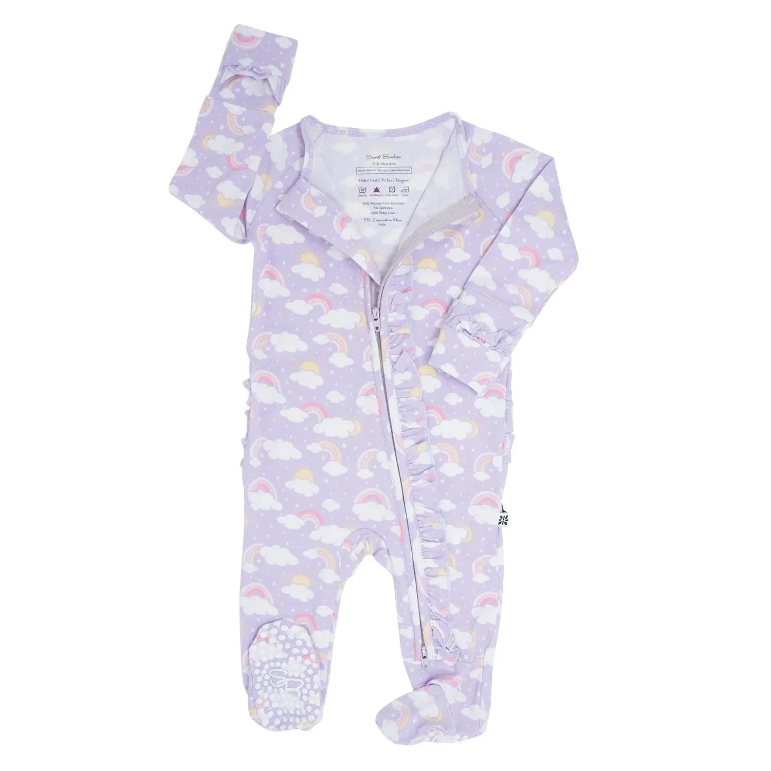 Lavender Rainbows and Clouds Ruffle Baby Footie with Two Way Zipper and No Slip Grips Sweet Bamboo
