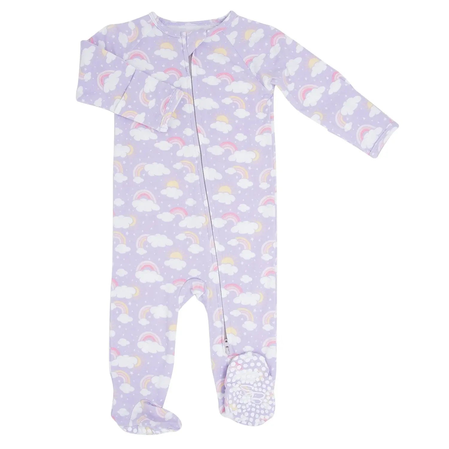 Lavender Rainbows and Clouds Zipper Footie for Babies with Silky Soft Fabric and Two Way Zip Sweet Bamboo
