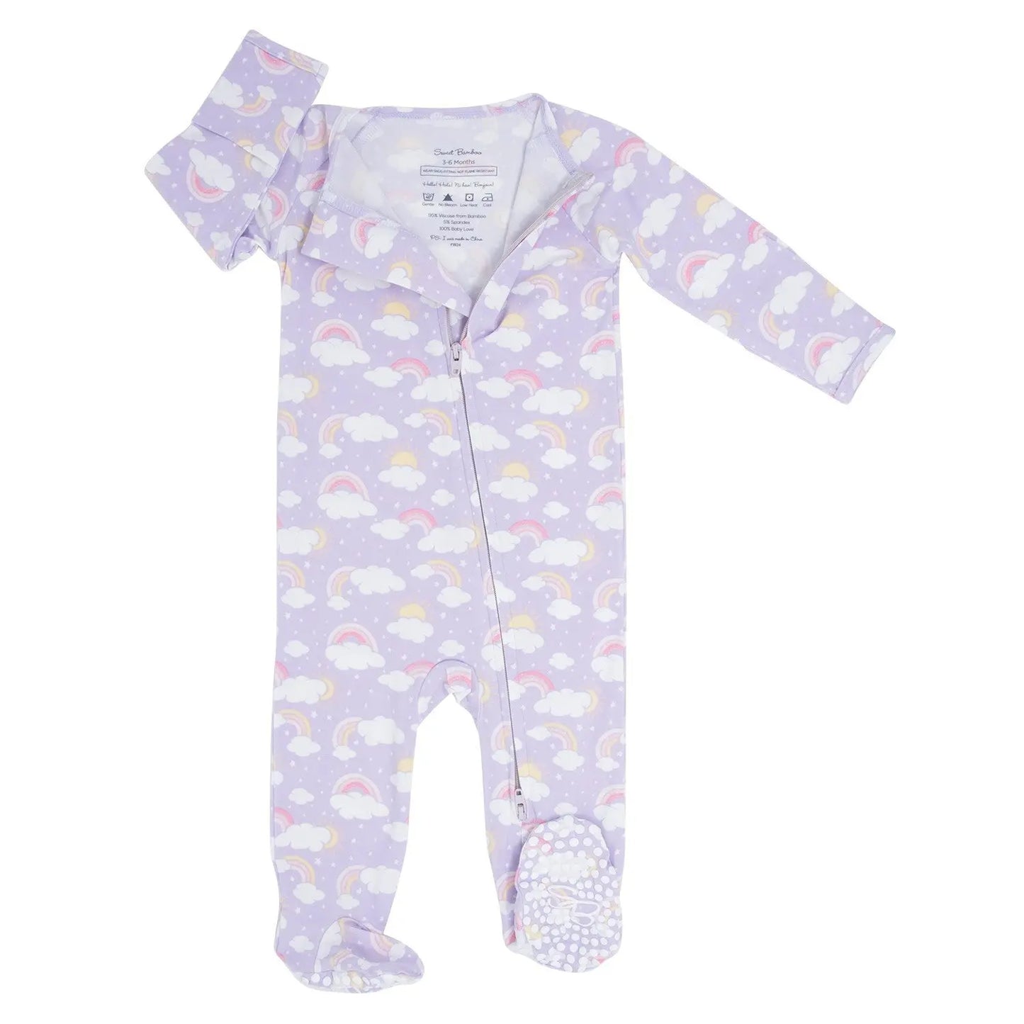 Lavender Rainbows and Clouds Zipper Footie for Babies with Silky Soft Fabric and Two Way Zip Sweet Bamboo
