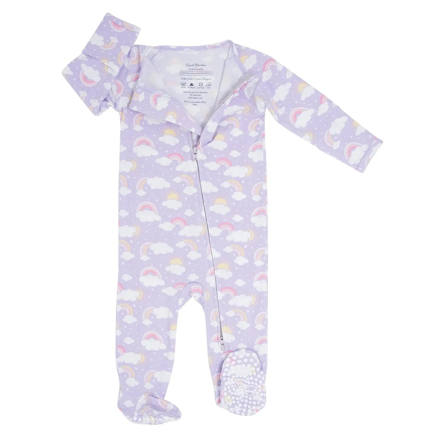 Lavender Rainbows and Clouds Zipper Footie for Babies with Silky Soft Fabric and Two Way Zip Sweet Bamboo